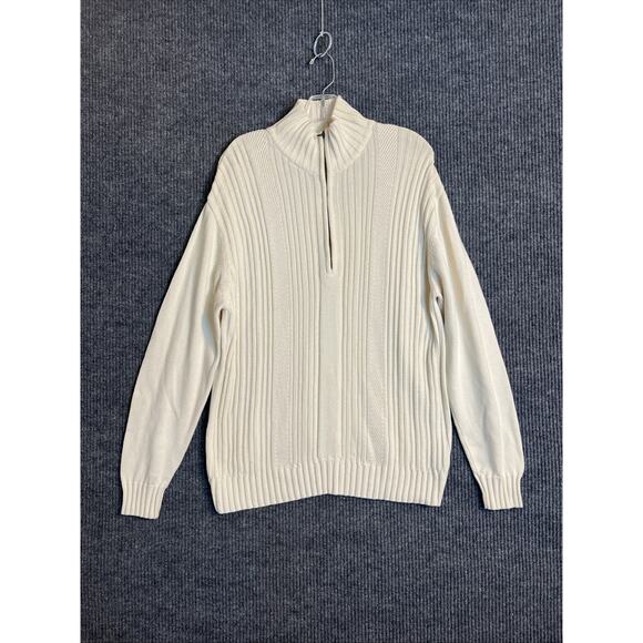 Perry Ellis Mens Sweater Size Large Cream 1/4 Zip Classic Preppy Ribbed Cozy - Picture 1 of 9